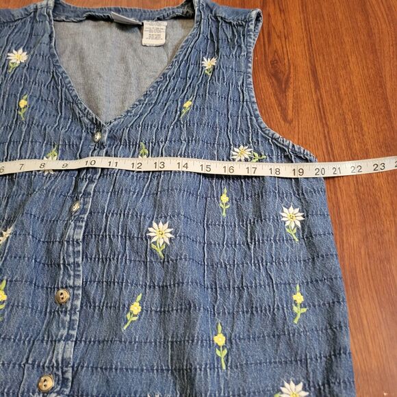 90s Bobbie Brooks Denim Floral Embroidered Vest Lagenlook Cottagecore Size L - Picture 8 of 12